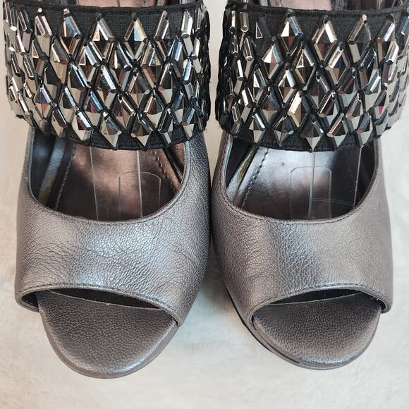 Glam Goth Platform Heels 6.5 Silver Gunmetal Metallic Studded Peep Toe Mary Jane - Picture 6 of 12